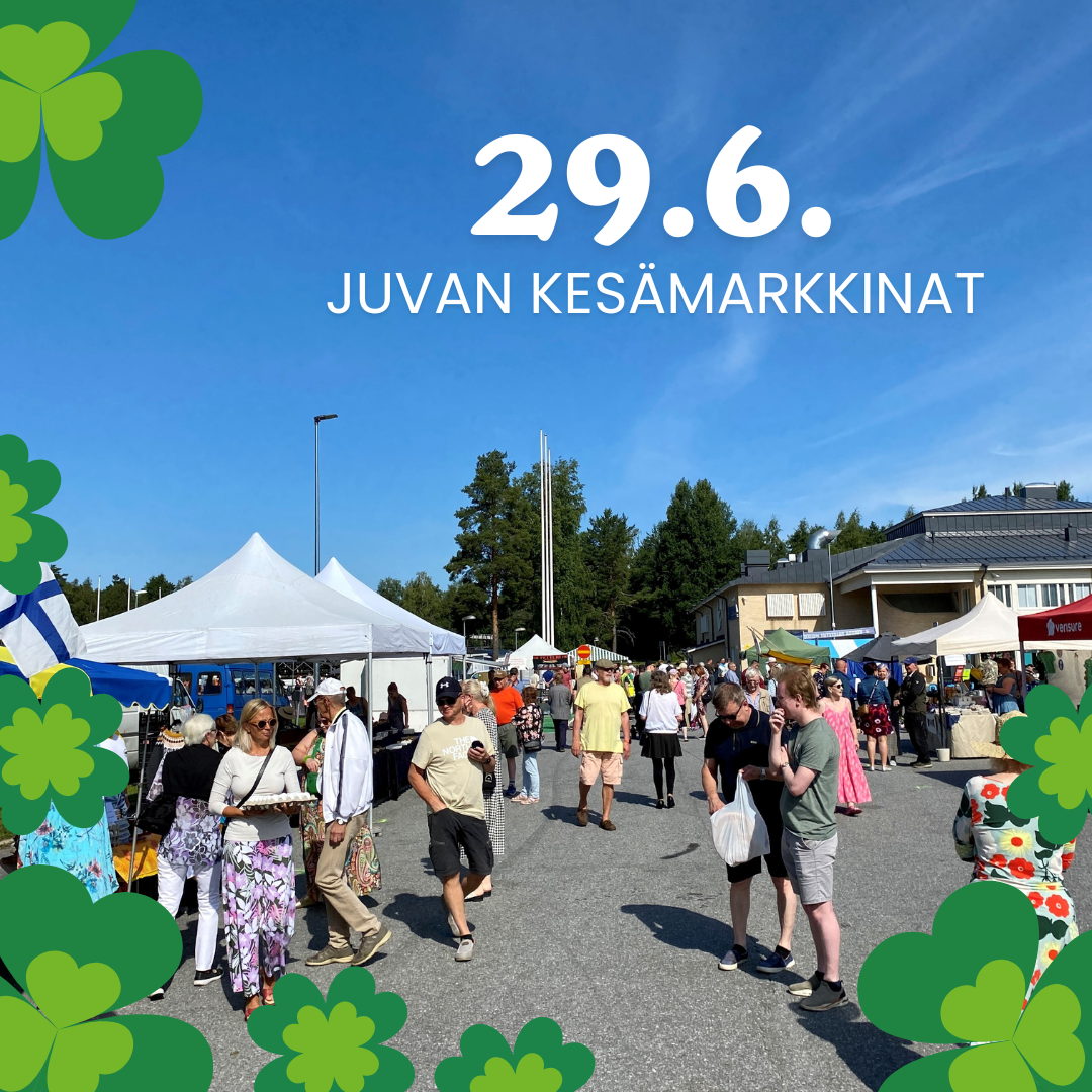 Juvan perinteiset kesämarkkinat järjestetään lauantaina 29.6.2024 kello 10–16 Laavukylässä ja Vesiliikuntakeskus Sampolan parkkialueella.