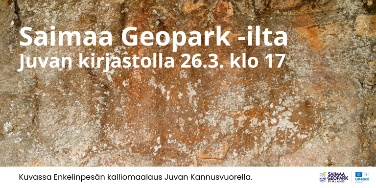 ​Juvan kirjastolla järjestetään Saimaa Geopark -illan 26.3.2025 klo 17–20. Illan aikana tutustutaan Saimaan alueen historiaan ja Juvan kahdeksaan geopark-kohteeseen.